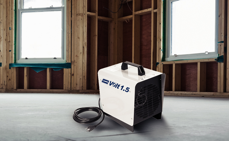 An L.B. White Volt™ Electric Portable Forced Air Heater heating a construction location.