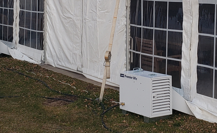 L.B. White Premier® Portable Forced Air Emergency Tent Heater at a medical tent.